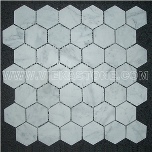 Bianco Carrara White Marble Mosaictile Hexagon Pattern Chips Chips 50mm Sheet 12‘’X12 for Interiro Kitchen, Bathroom, Backsplash Wall Floor Covering