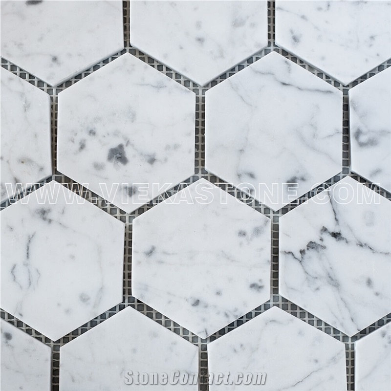Bianco Carrara White Marble Mosaictile Hexagon Pattern Chips Chips 75m Sheet 12‘’X12 for Interiro Kitchen, Bathroom, Backsplash Wall Floor Covering