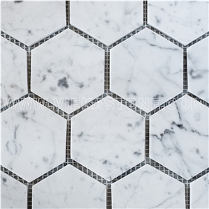Bianco Carrara White Marble Mosaictile Hexagon Pattern Chips Chips 75m Sheet 12‘’X12 for Interiro Kitchen, Bathroom, Backsplash Wall Floor Covering