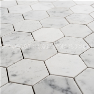 Bianco Carrara White Marble Mosaictile Hexagon Pattern Chips Chips 75m Sheet 12‘’X12 for Interiro Kitchen, Bathroom, Backsplash Wall Floor Covering