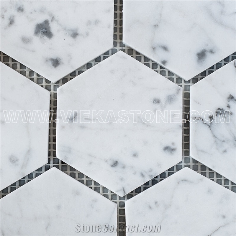 Bianco Carrara White Marble Mosaictile Hexagon Pattern Chips Chips 75m Sheet 12‘’X12 for Interiro Kitchen, Bathroom, Backsplash Wall Floor Covering