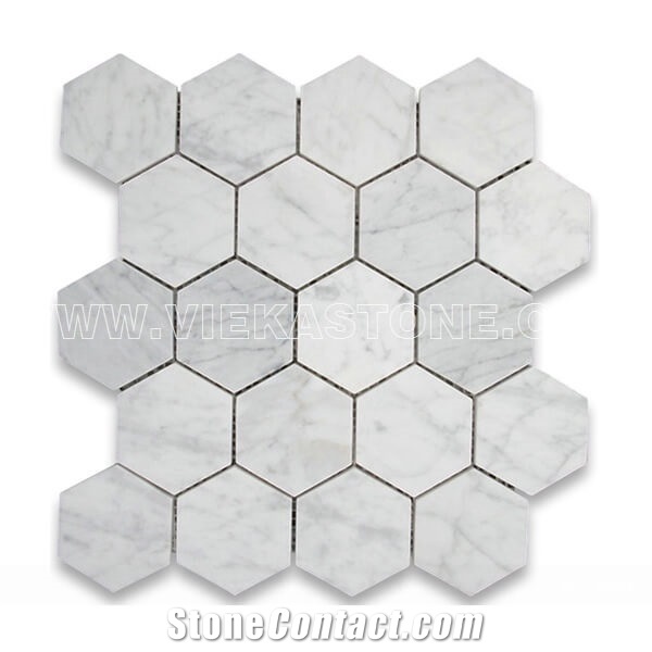 Bianco Carrara White Marble Mosaictile Hexagon Pattern Chips Chips 75m Sheet 12‘’X12 for Interiro Kitchen, Bathroom, Backsplash Wall Floor Covering