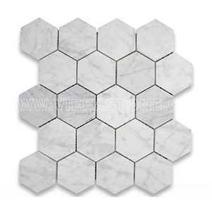 Bianco Carrara White Marble Mosaictile Hexagon Pattern Chips Chips 75m Sheet 12‘’X12 for Interiro Kitchen, Bathroom, Backsplash Wall Floor Covering
