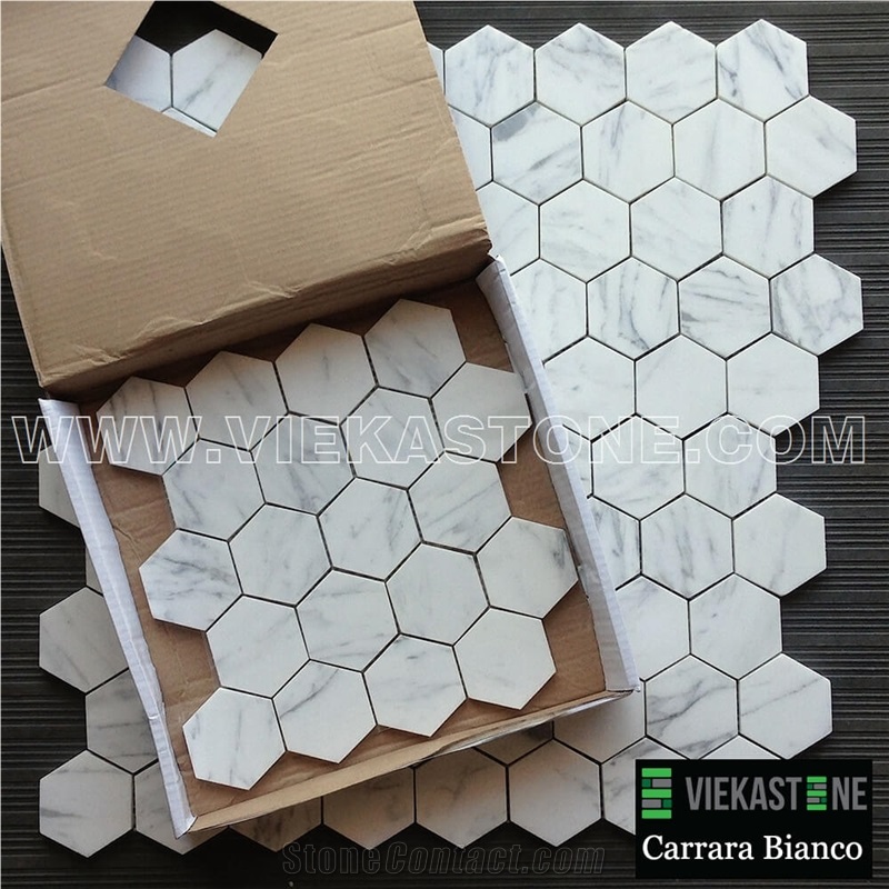 Bianco Carrara White Marble Mosaictile Hexagon Pattern Chips Chips 75m Sheet 12‘’X12 for Interiro Kitchen, Bathroom, Backsplash Wall Floor Covering