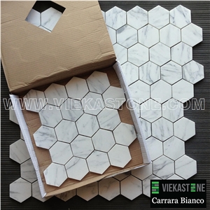 Bianco Carrara White Marble Mosaictile Hexagon Pattern Chips Chips 75m Sheet 12‘’X12 for Interiro Kitchen, Bathroom, Backsplash Wall Floor Covering