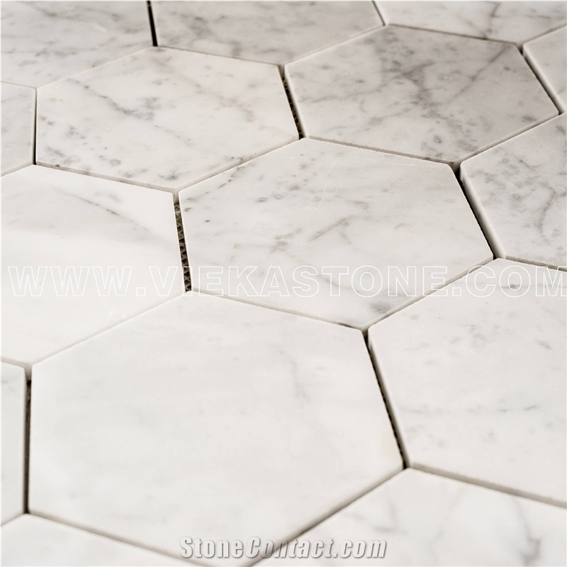 Bianco Carrara White Marble Mosaictile Hexagon Pattern Polished 127 mm Sheet 12‘’X12 for Interiro Kitchen, Bathroom, Backsplash Wall Floor Covering