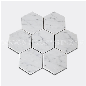 Bianco Carrara White Marble Mosaictile Hexagon Pattern Polished 127 mm Sheet 12‘’X12 for Interiro Kitchen, Bathroom, Backsplash Wall Floor Covering
