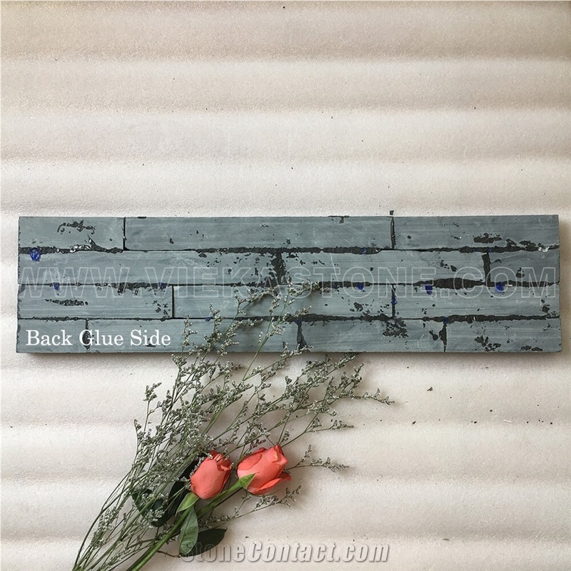 Black Slate Charcoal Natural Culture Stone Stacked Veneer Ledger Split Face Mosaic Tile Brick Wall Ledgestone Cladding Panel Rock Landscaping 60x15cm
