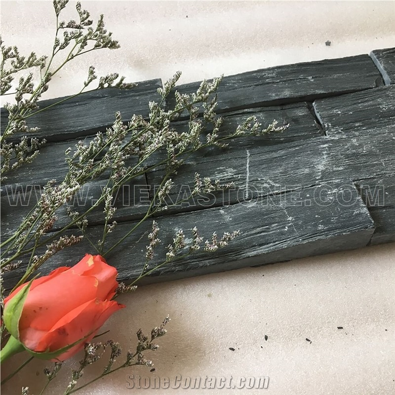 Black Slate Charcoal Natural Culture Stone Stacked Veneer Ledger Split Face Mosaic Tile Brick Wall Ledgestone Cladding Panel Rock Landscaping 60x15cm