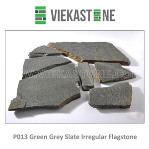 China Irregular Random Flagstone Green Grey P013 Slate Pavers Nature Stone Split Face Tile for Landscaping Patios Garden Courtyard Decor