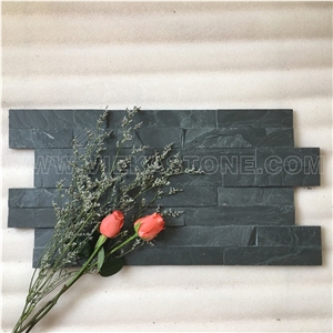 China Manufacturer Black Slate Charcoal Natural Culture Stone Stacked Ledger Tile Wall Cladding Panel Split Face Mosaic Rock 60x15cm Z-Shape Veneer