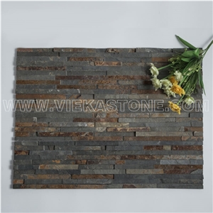 China Manufacturer Rusty Slate Thin Strips Ledgestone Natural Culture Stone Stacked Ledger Tile Wall Cladding Panel 60x15cm Split Face Mosaic Rock