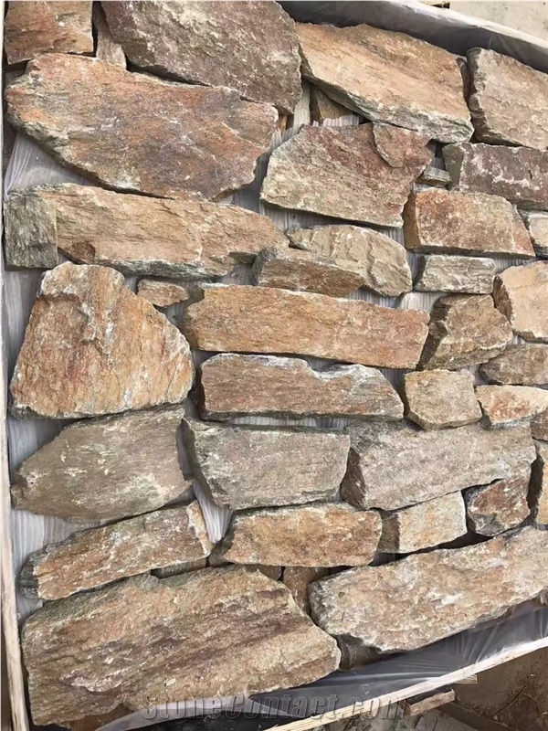China Tiger Skin Yellow Quartzite Walling and Corners / China Yellow Quartzite Cladding / Natural Random Stone Veneer / Loose Ledgestone