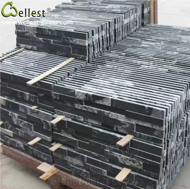 Natural Snow Black Granite Ledge Culture Stacked Stone Pannel for Garden Feature Wall Vaneer Cladding Decor and Pool Waterfall