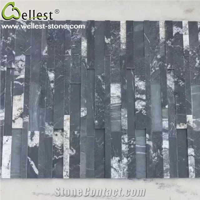 Natural Snow Black Granite Ledge Culture Stacked Stone Pannel for Garden Feature Wall Vaneer Cladding Decor and Pool Waterfall