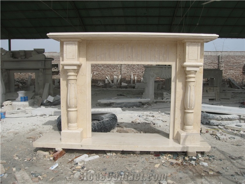 Beige Marble Fireplace Mantel with Column Design