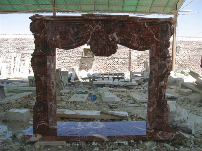 Cock Blood Red Marble Fireplace Mantel with Hand Carivng Sculptures