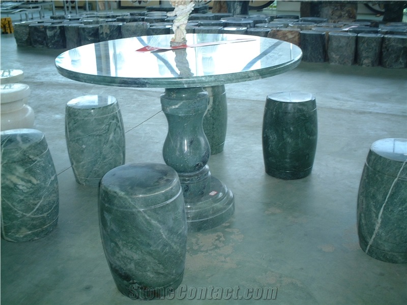 Green Marble Table & Stool
