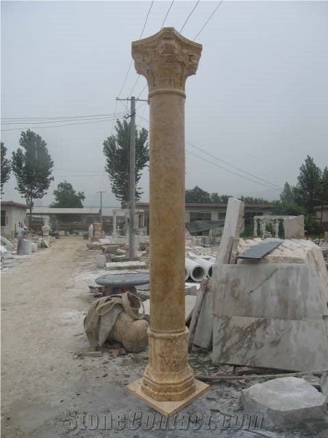 Hand Carved Yellow Travertine Solid Column