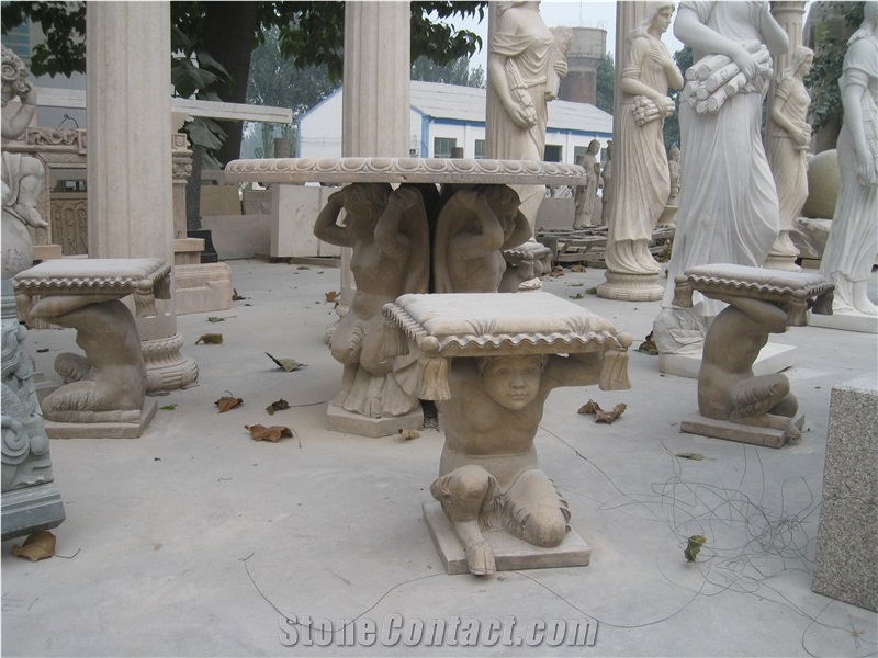 Yellow Marble Table and Stool with Hand Carved Sculpture