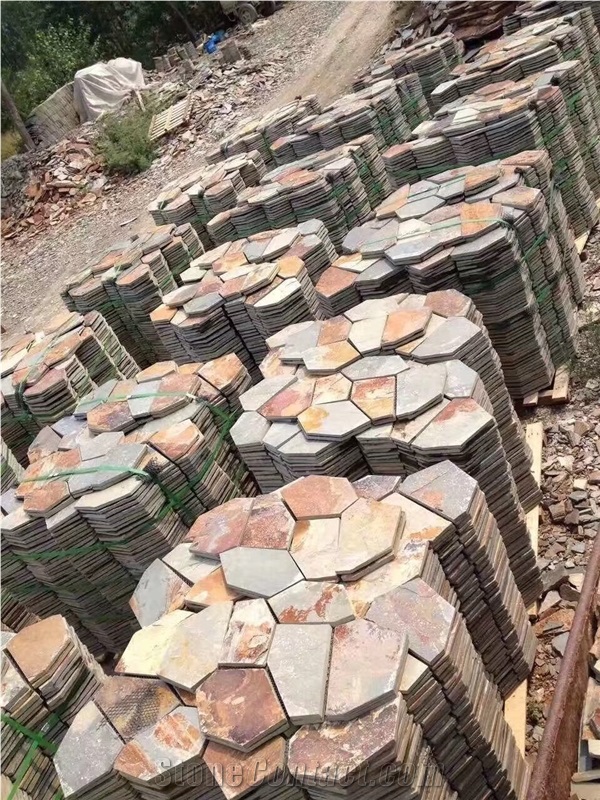 Garden Multi Yellow Slate Mesh Paver,Yellow Wooden Slate Crazy Paver on Mesh, Multi Color Slate Wall Culture Stone