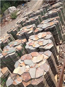 Garden Multi Yellow Slate Mesh Paver,Yellow Wooden Slate Crazy Paver on Mesh, Multi Color Slate Wall Culture Stone
