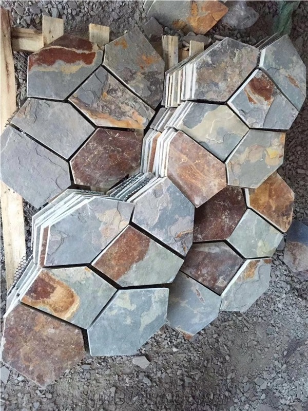 Garden Multi Yellow Slate Mesh Paver,Yellow Wooden Slate Crazy Paver on Mesh, Multi Color Slate Wall Culture Stone