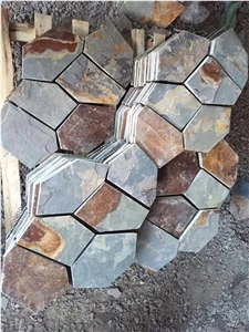 Garden Multi Yellow Slate Mesh Paver,Yellow Wooden Slate Crazy Paver on Mesh, Multi Color Slate Wall Culture Stone