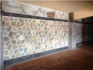Garden Multi Yellow Slate Mesh Paver,Yellow Wooden Slate Crazy Paver on Mesh, Multi Color Slate Wall Culture Stone