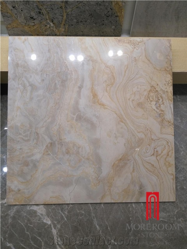 Beige Glossy Surface Golds Line Polished Porcelain Floor Tiles