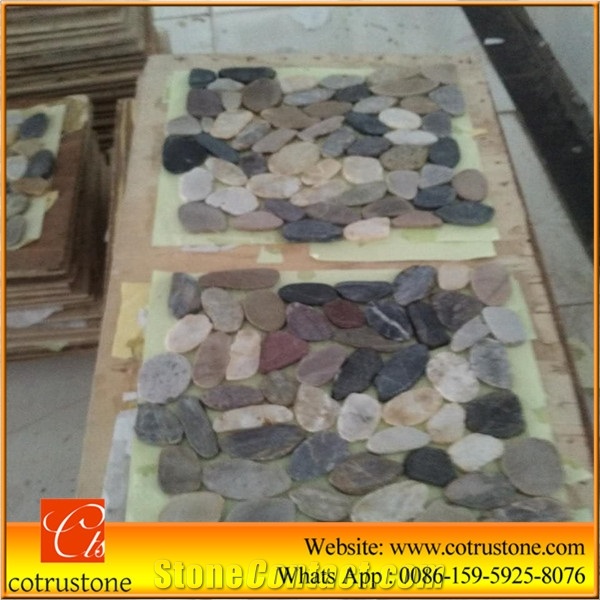 Multicolor Natural Pebble Stone Mesh,Highly Polished Decorative Natural Pebble Stone,Polished Mixed Color River Stone in Decoration