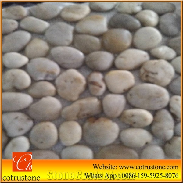 White Stone Pebble Mosaic,Pebble Stone Wall Mosaic/Pebble Stone Floor Mosaic,Square Shape Garden Polished Pebble on Mesh,River Pebbles on Mesh Pattern