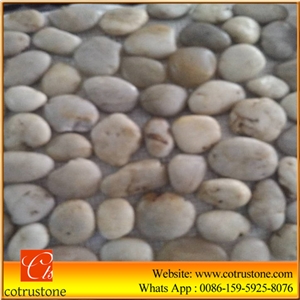 White Stone Pebble Mosaic,Pebble Stone Wall Mosaic/Pebble Stone Floor Mosaic,Square Shape Garden Polished Pebble on Mesh,River Pebbles on Mesh Pattern