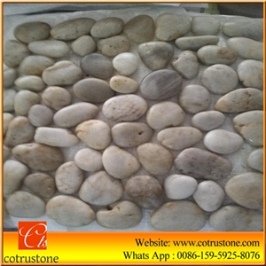 White Stone Pebble Mosaic,Pebble Stone Wall Mosaic/Pebble Stone Floor Mosaic,Square Shape Garden Polished Pebble on Mesh,River Pebbles on Mesh Pattern