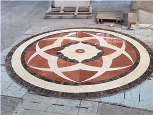 Rosso Alicante Marble Floor Waterjet Medallions, Dark Emperador Marble, Crema Marfil Marble Round Pattern Design, Decorated Hotel Lobby and Hall Tiles