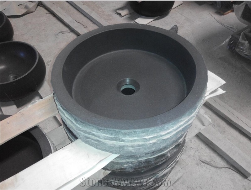 China Black Hainan Black Basalt Honed Stone Basin Wash Bowl