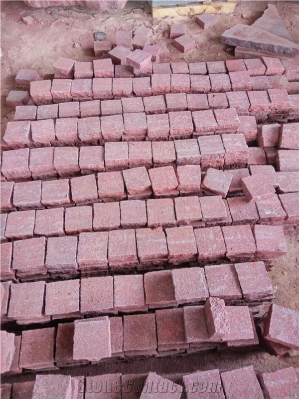 G666 China Red Porphyry Fushou Red Flamed Cleft Split Cube Paver