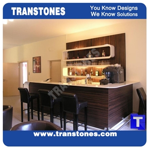Pure White Solid Surface Marble Club Wine Bar Top Custom Commercial Countertops With Brown Wooden Panel Covering, Acrylic Bar Top