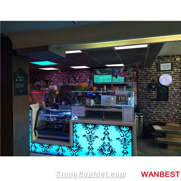 Luxury Flower Carved Led Lighting Artificial Stone Top Restaurant Coffee Bar Counter