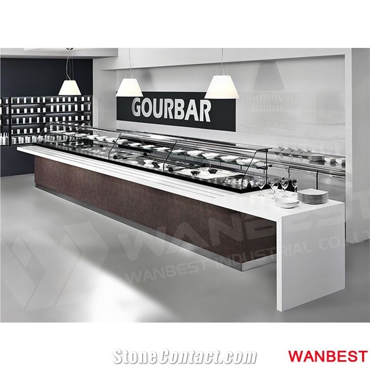 Modern Wooded and Artificial Stone Hotel Food Buffet Bar Dinner Display Self Service Counter for Restaurant