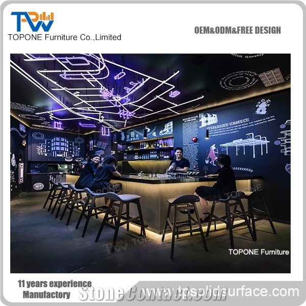 China Factory Supply Artificial Marble Stone Bar Counter Tops Wooden Bar Counter, Interior Stone Acrylic Solid Surface Bar Table Tops Wooden Bar Desk