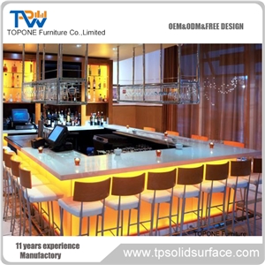 Custom Made Pure Acrylic Solid Surface High Glossy Curved Led Cocktail Bar Counter Top for Nightclub, Interior Stone Artificial Marble Stone Bar Tops