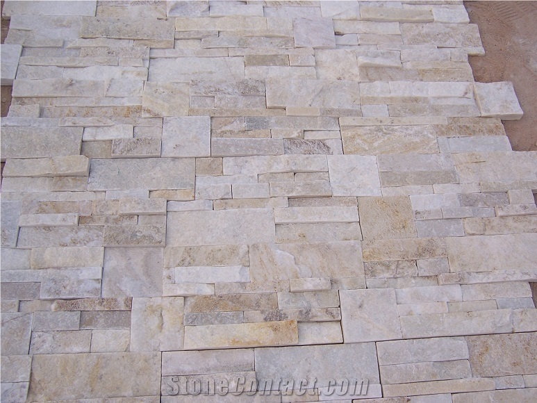 China Cream White Quartzite Stacked Stone Wall Cladding Panel Ledge Stone Split Face Tile Landscaping Interior & Exterior Culture Stone 35x18cm