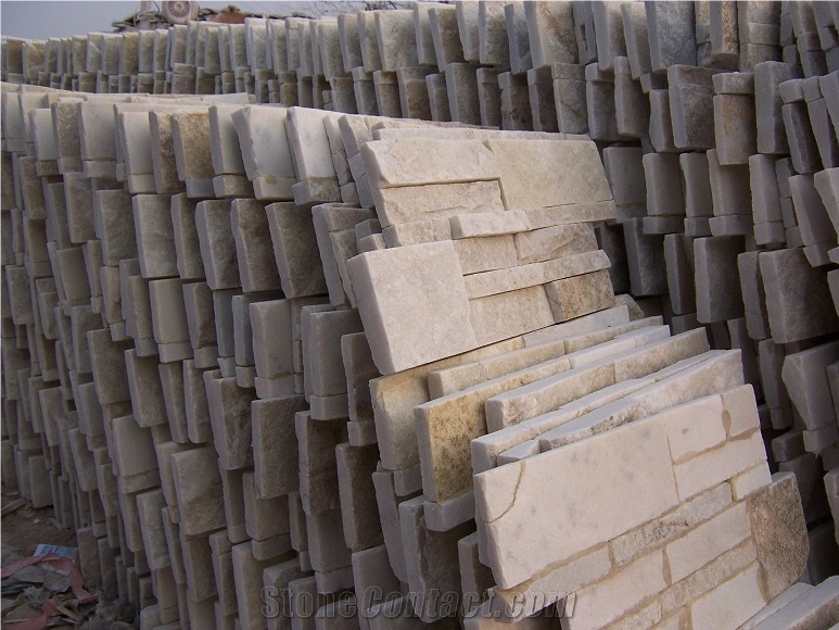 China Cream White Quartzite Stacked Stone Wall Cladding Panel Ledge Stone Split Face Tile Landscaping Interior & Exterior Culture Stone 35x18cm