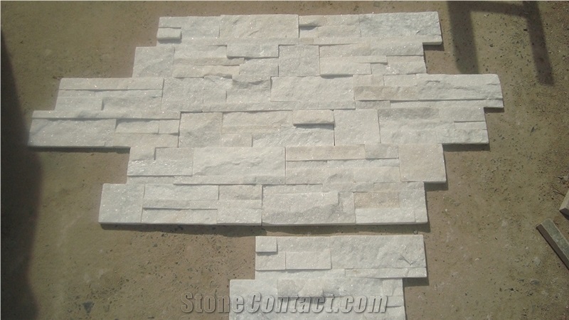 China Pure White Quartzite Stacked Stone Wall Cladding Panel Ledge Stone Split Face Tile Landscaping Interior & Exterior Culture Stone 35x18cm