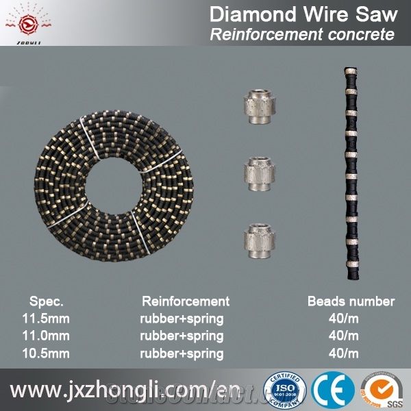 Water Cutting Diamond Wire Saw Ropes for Granite Marble Sandstone Reinforced Concrete, Diameter 7.3mm 8.8mm 10.5mm 11.0mm 11.5mm for Wire Saw Machine