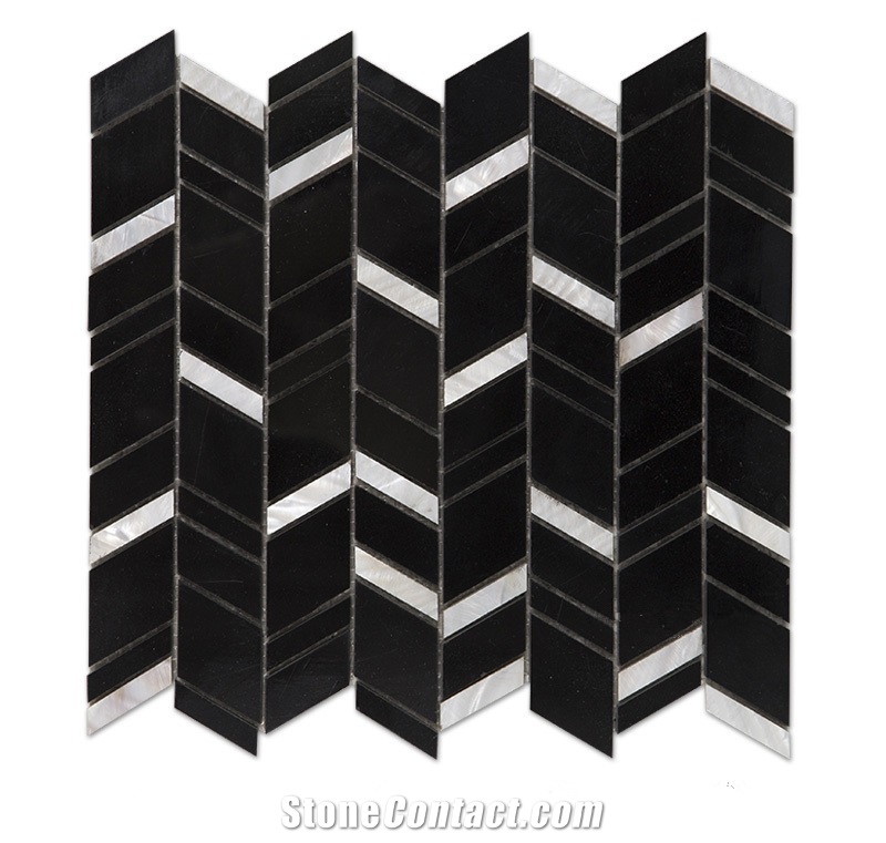 Black and White Nero Marquina Mix Shell Chevron Mosaic Tile