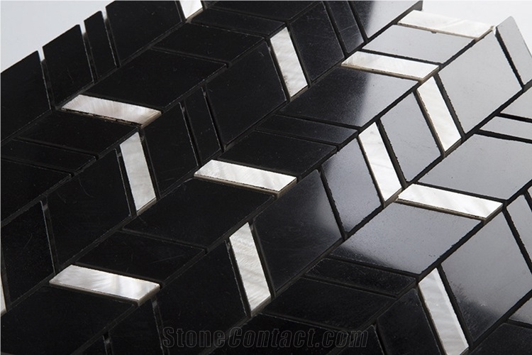 Black and White Nero Marquina Mix Shell Chevron Mosaic Tile