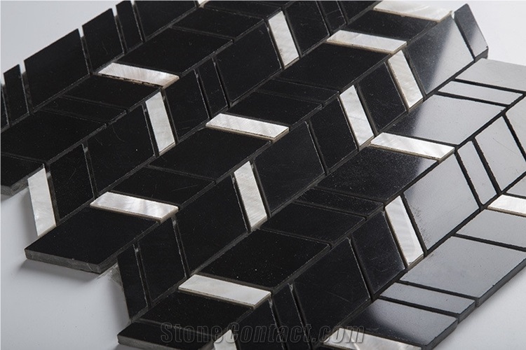 Black and White Nero Marquina Mix Shell Chevron Mosaic Tile