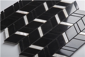 Black and White Nero Marquina Mix Shell Chevron Mosaic Tile
